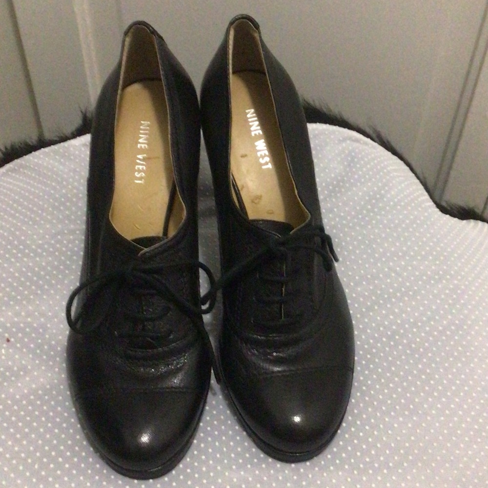 Nine West Black Leather Lace-Up Heels